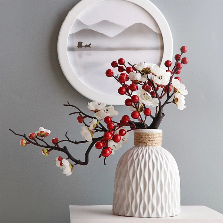 Cherry Red Plum Blossom Silk Flower Branch with Foam Berry Bouquet - Wedding and Home Decor