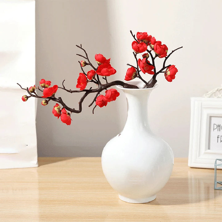 Cherry Red Plum Blossom Silk Flower Branch with Foam Berry Bouquet - Wedding and Home Decor