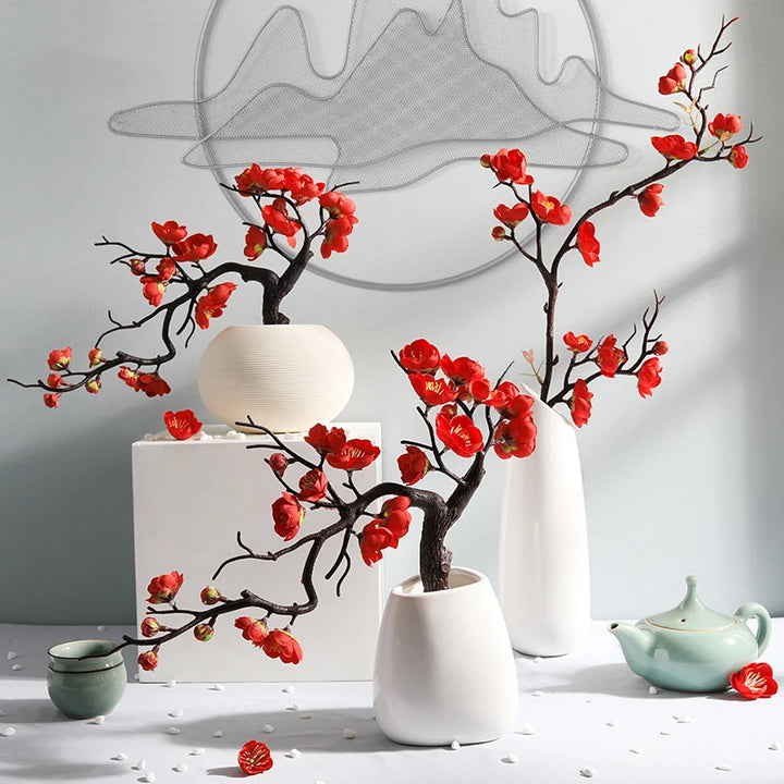 Cherry Red Plum Blossom Silk Flower Branch with Foam Berry Bouquet - Wedding and Home Decor