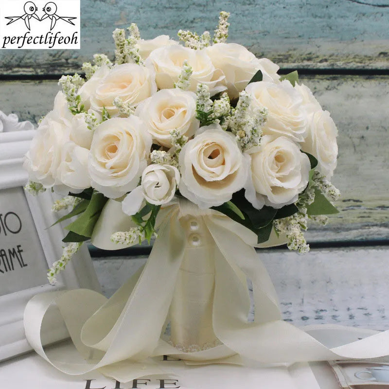 Delicate Silk Rose Bridal Bouquet with Ribbon - Wedding Party Floral Arrangement