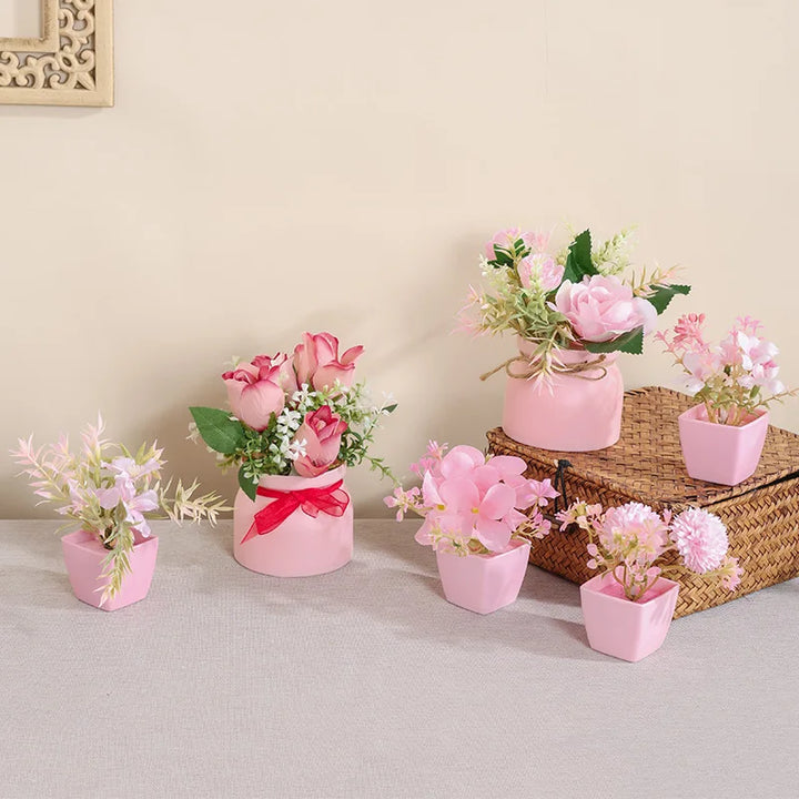 Pink Artificial Plant Set for Office or Home Decor, Realistic Simulation, Ideal for Windowsill or Bookshelf Display