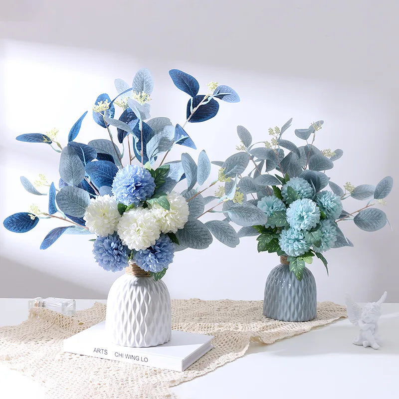 Blue and White Artificial Hydrangea Chrysanthemum Silk Flower Bouquet