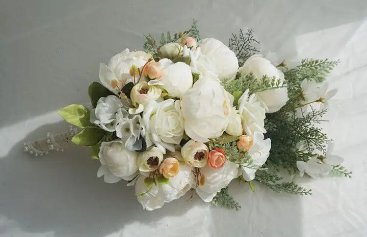 Elegant White Waterfall Wedding Bouquet with Crystal Roses