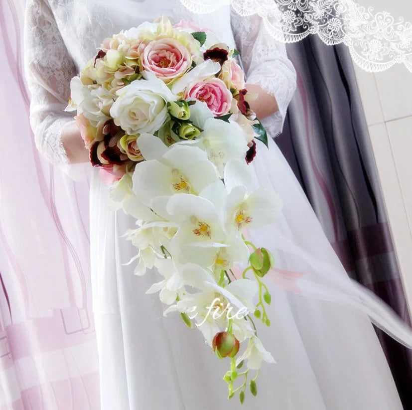 White Cascade Bridal Bouquet Fleur Mariage with Pearl Accents