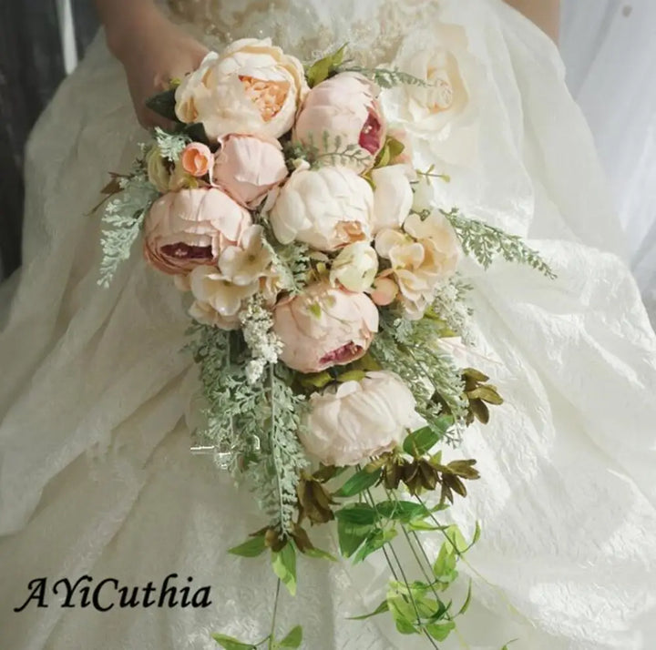 Elegant White Waterfall Wedding Bouquet with Crystal Roses