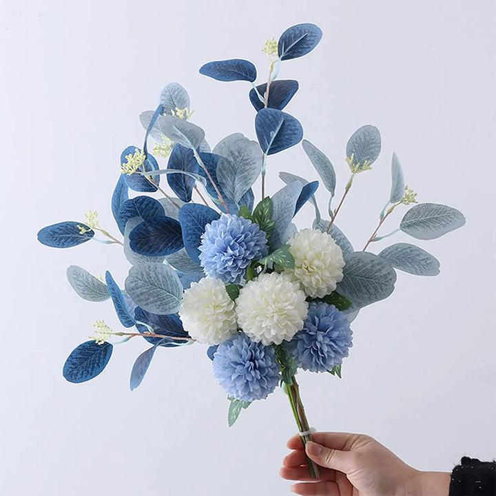 Blue and White Artificial Hydrangea Chrysanthemum Silk Flower Bouquet