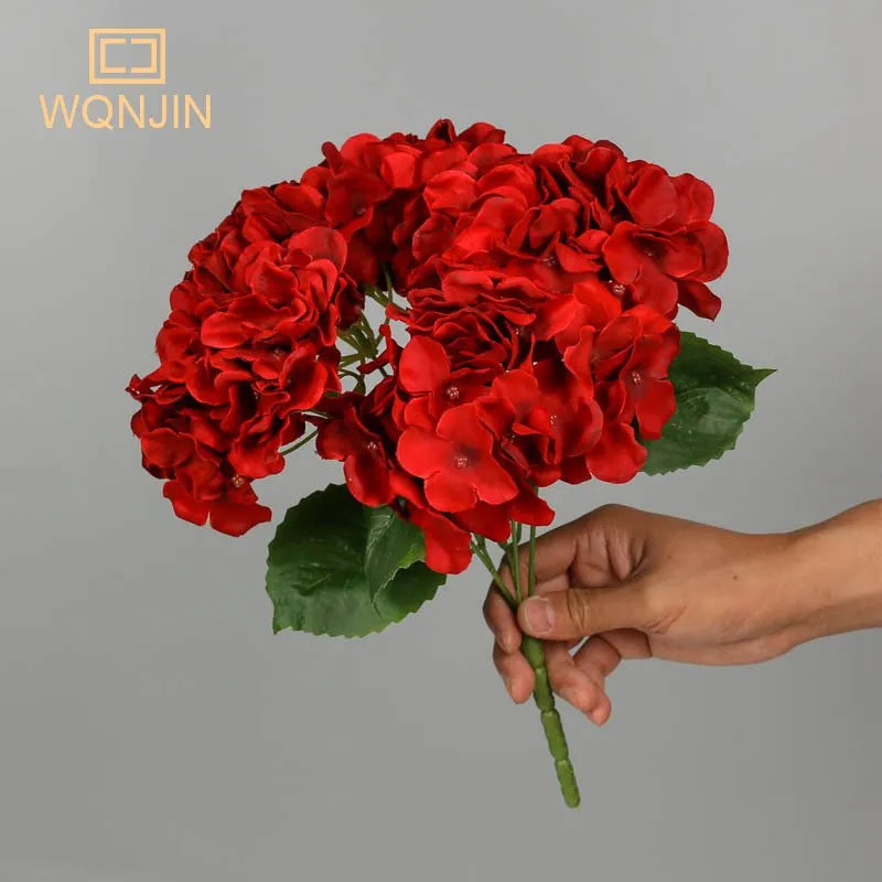 5-Head Red Pink Hydrangea Silk Flowers Bouquet