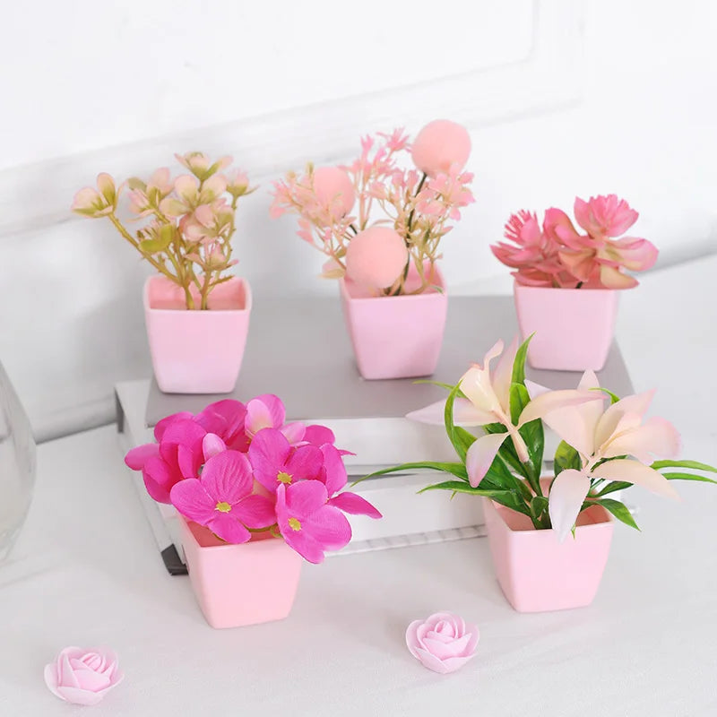 Pink Artificial Plant Set for Office or Home Decor, Realistic Simulation, Ideal for Windowsill or Bookshelf Display