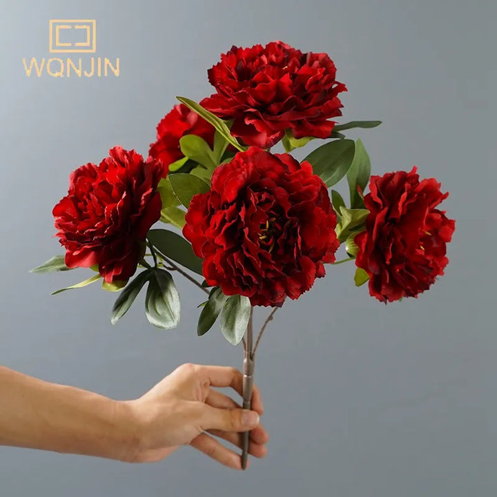 Vibrant Red Silk Peony Bouquet - Perfect for Wedding and Home Decor