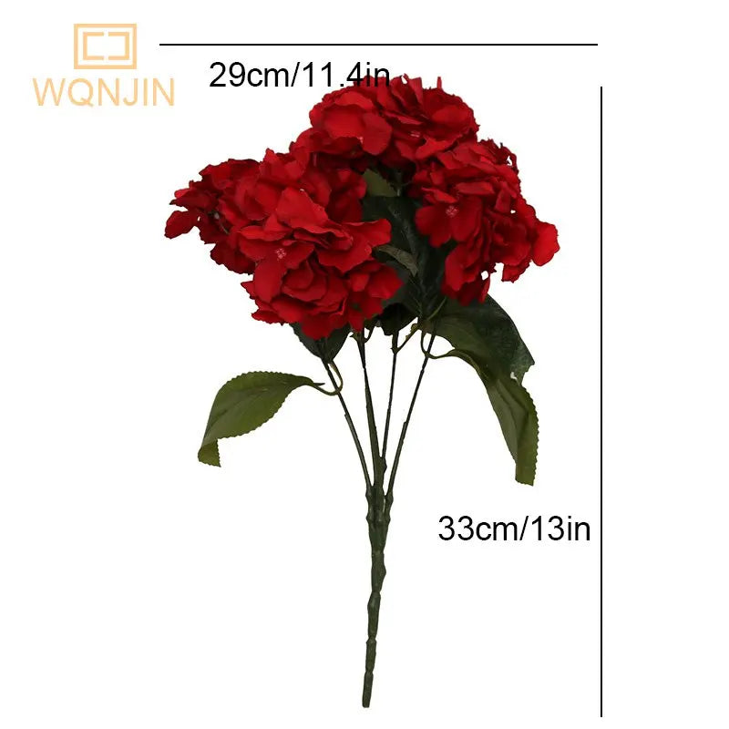 5-Head Red Pink Hydrangea Silk Flowers Bouquet