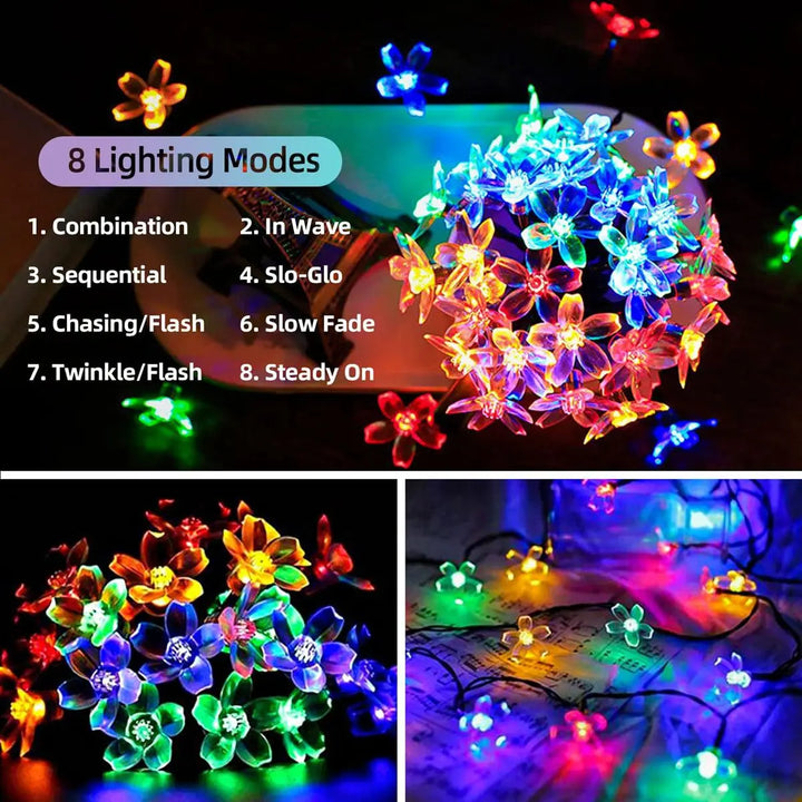 Solar Flower String Lights - Outdoor Garden Fairy Lighting Solution for Fence, Patio, Yard, Christmas Tree - Waterproof with Multiple LED Options