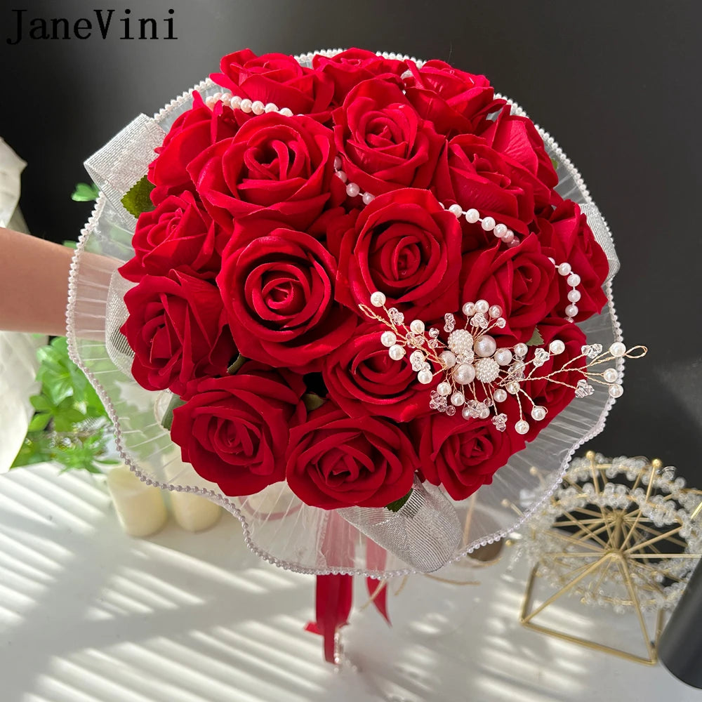 JaneVini Red Rose Pearl Bridal Bouquet - Elegant Artificial Wedding Flowers