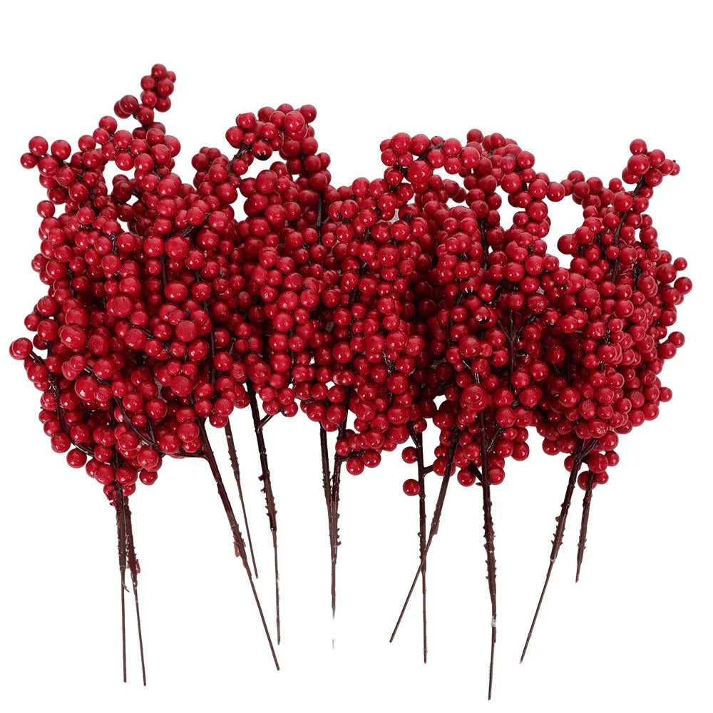 Artificial Red Berries Christmas Holly Berry Branches Xmas Tree Ornaments - Festive Home Decor & Party Accents