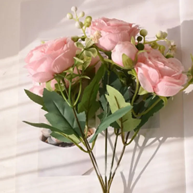 Rose Pink Silk Peony Bouquet - 5 Big Head 4 Small Bud Bouquet