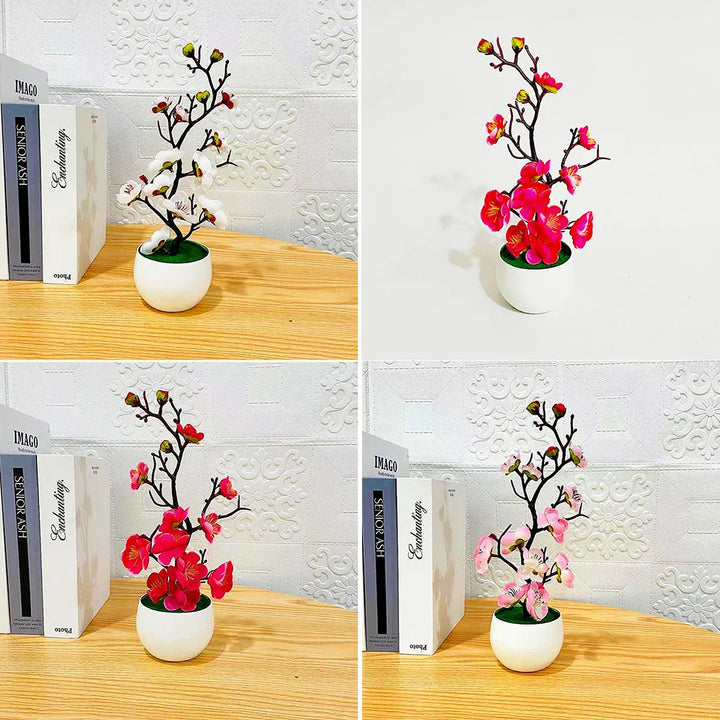 Lifelike Artificial Plum Blossom Bonsai Plant for Home and Office Beautification