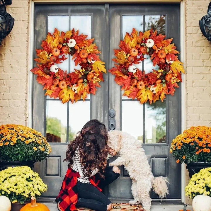 Autumn Elegance Maple Leaf and Pumpkin Harvest Wreath - Artificial Fall Holiday Decoration