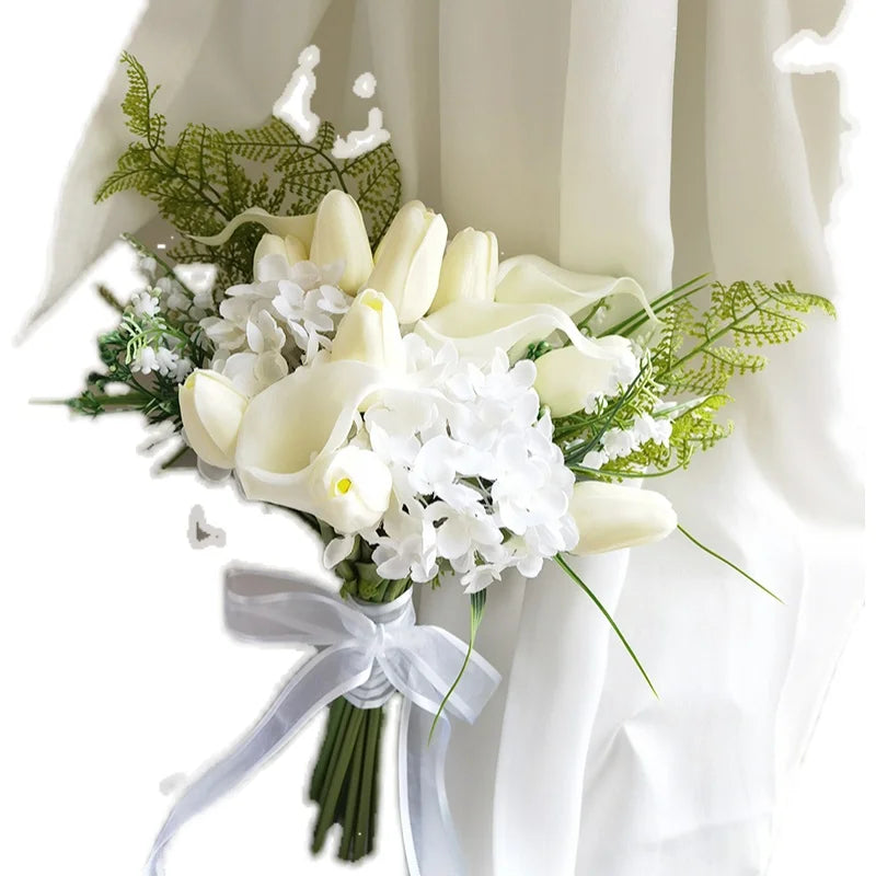 Elegant White Tulip Bridal Wedding Bouquet with Artificial Flowers