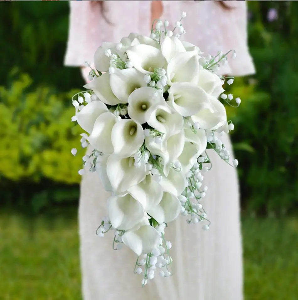 White Cascade Bridal Bouquet Fleur Mariage with Pearl Accents