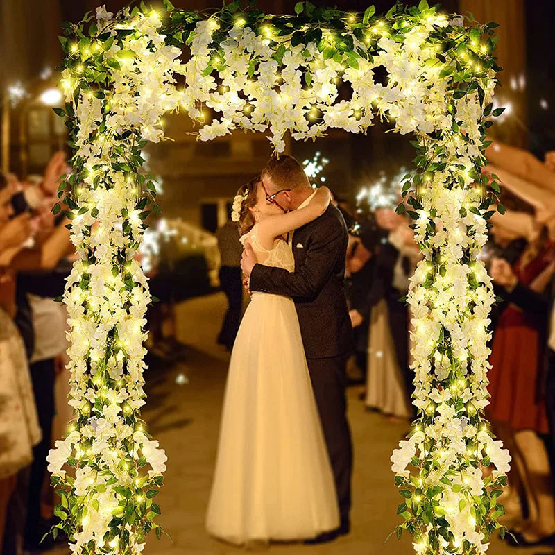 6.5ft White Silk Wisteria Vine Garland with Lights for Home and Garden Decor