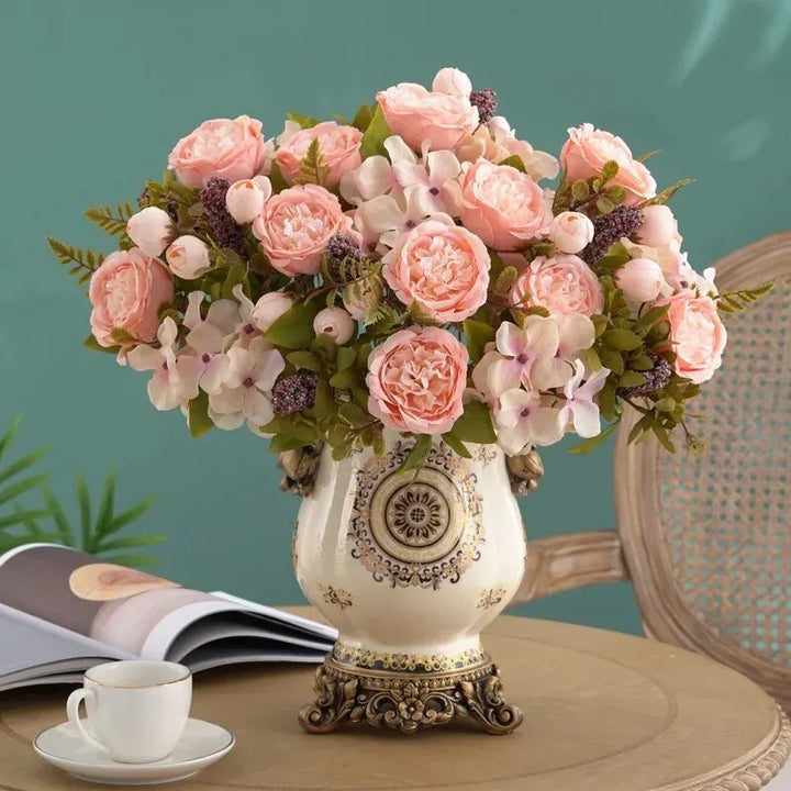 Retro Hydrangea and Peony Silk Flower Bouquet - Autumn Color