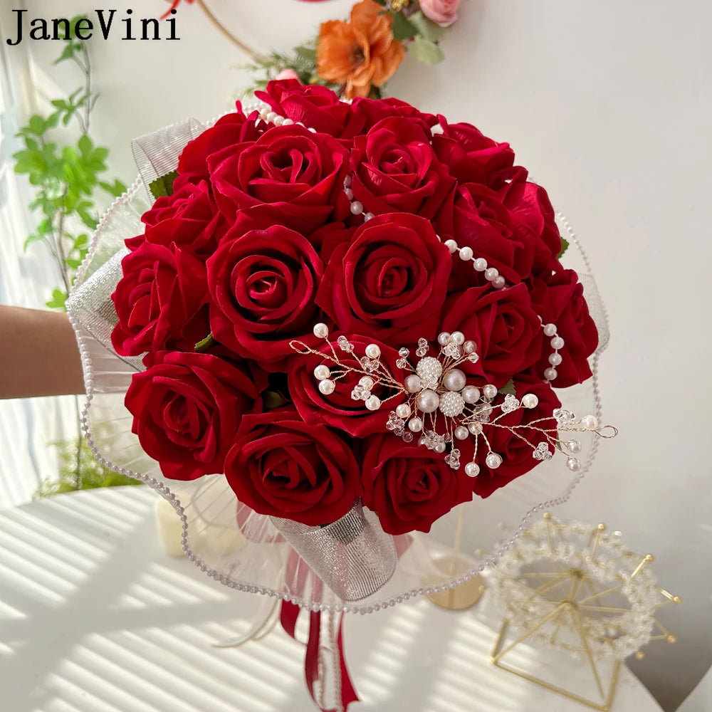 JaneVini Red Rose Pearl Bridal Bouquet - Elegant Artificial Wedding Flowers