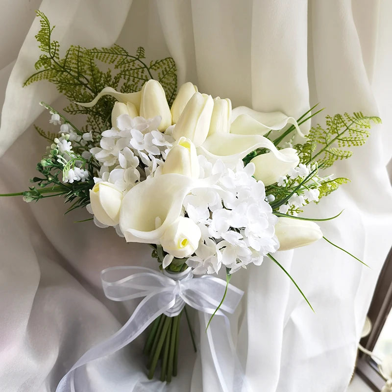 Elegant White Tulip Bridal Wedding Bouquet with Artificial Flowers