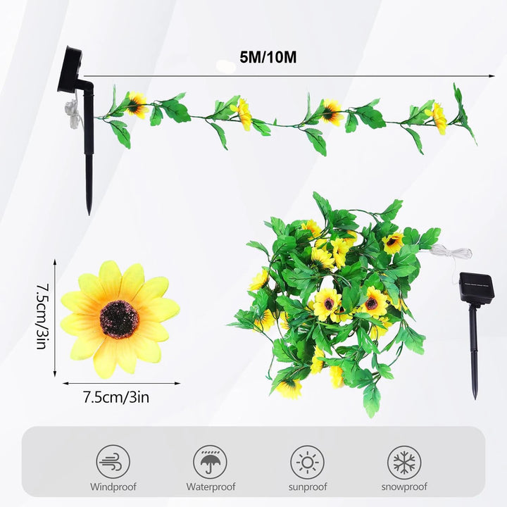 Solar Sunflower Fairy Lights - Beautiful Outdoor Flower String Lamp for Garden and Patio Decoration