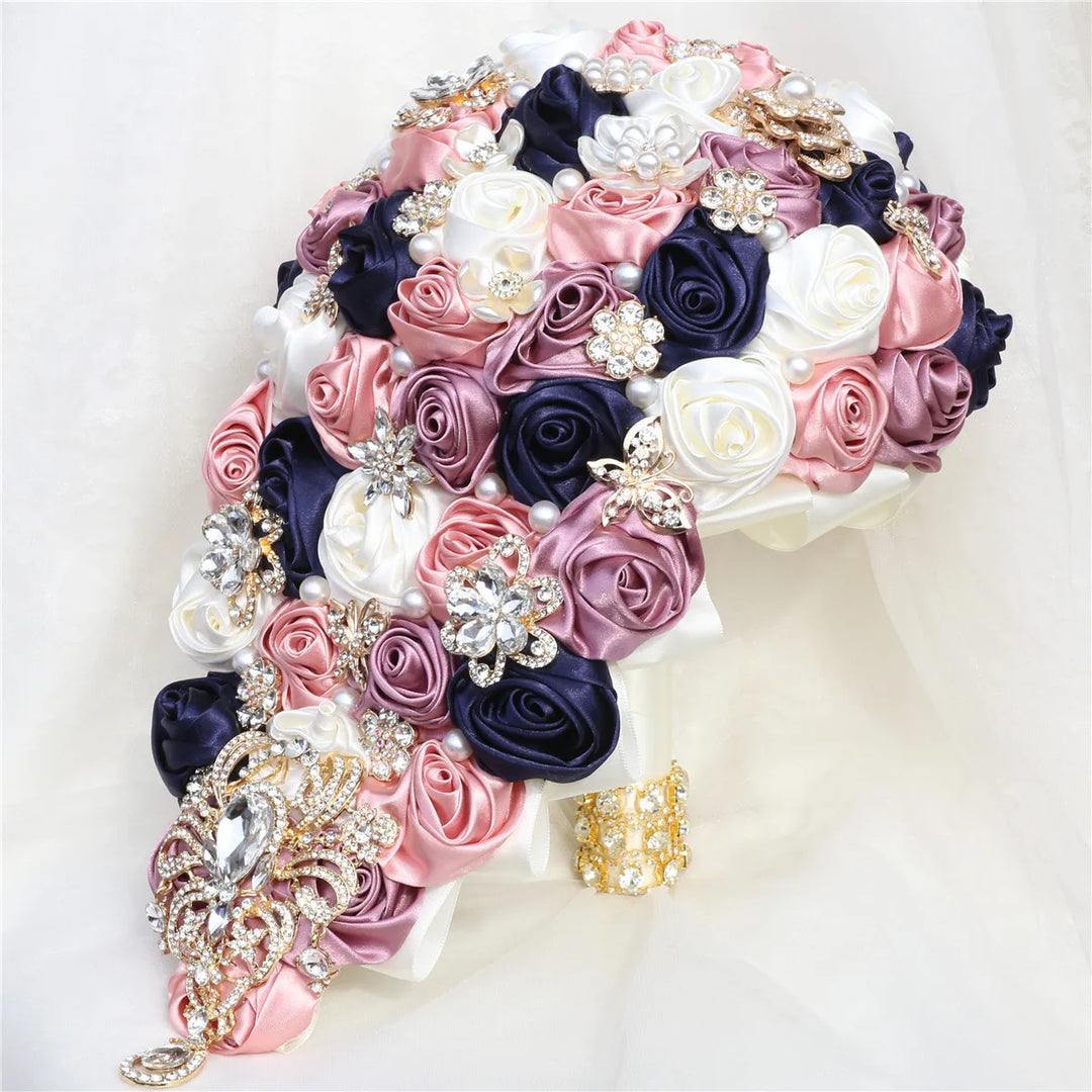 Romantic Golden Rhinestone Bridal Bouquet with Custom Color Options