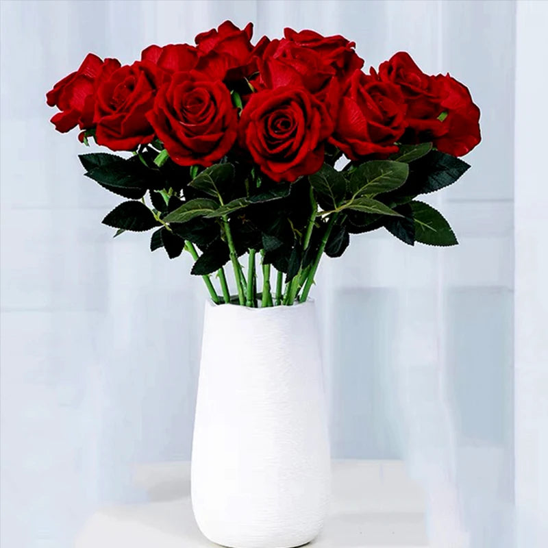 Red Velvet Fake Rose Flower Bouquet - Set of 5 for Wedding and Home Decor