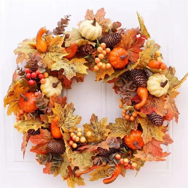 Autumn Elegance Maple Leaf and Pumpkin Harvest Wreath - Artificial Fall Holiday Decoration