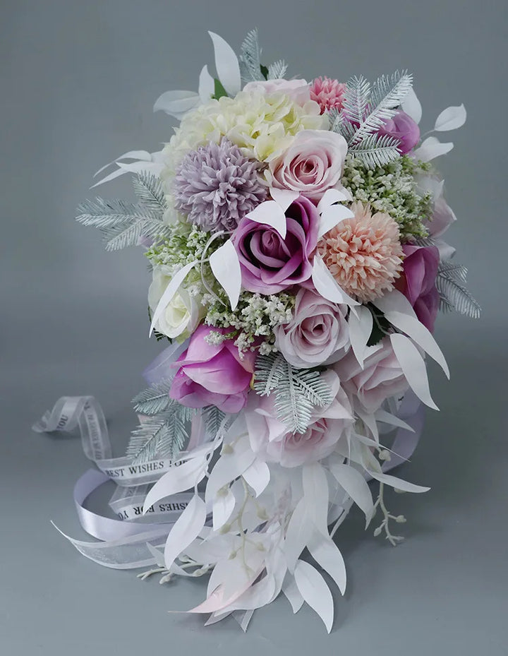 Elegant White Waterfall Wedding Bouquet with Crystal Roses