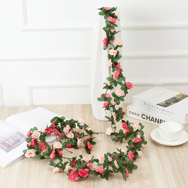 Silk Rose Vine Garland for Wedding Decor - White Pink Artificial Flower Vine