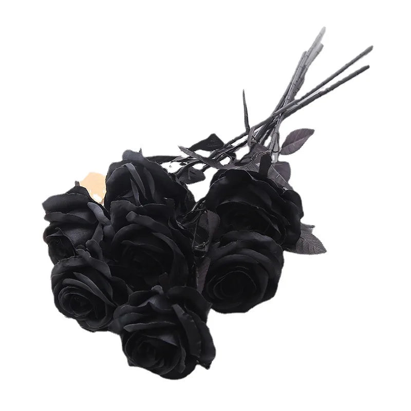 Black Silk Artificial Rose Flower Branch Set - Halloween Gothic Wedding Home Party Decor