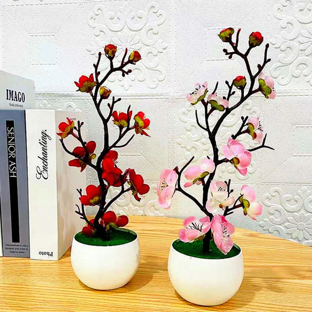 Lifelike Artificial Plum Blossom Bonsai Plant for Home and Office Beautification