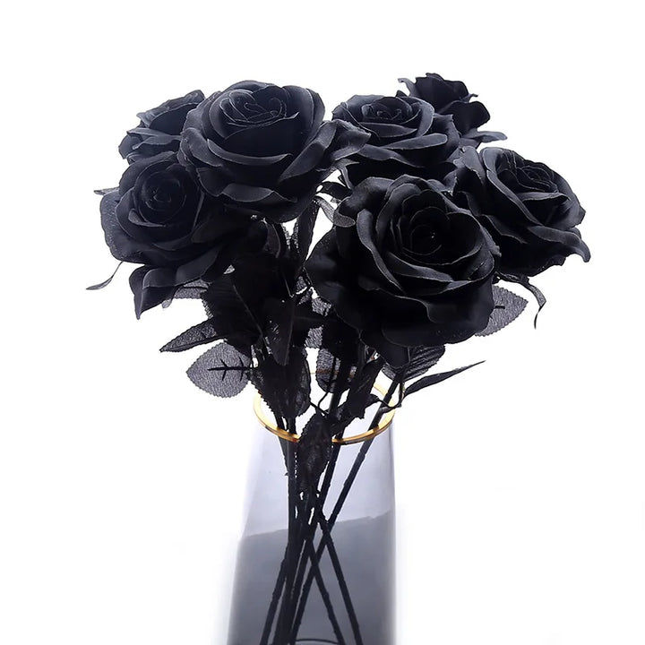 Black Silk Artificial Rose Flower Branch Set - Halloween Gothic Wedding Home Party Decor