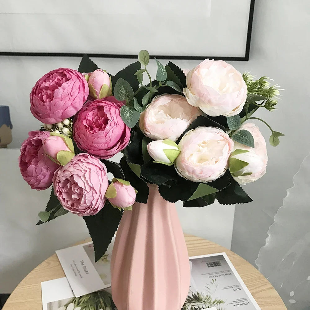 Elegant Rose Pink Silk Peony Bouquet for Wedding and Home Decor