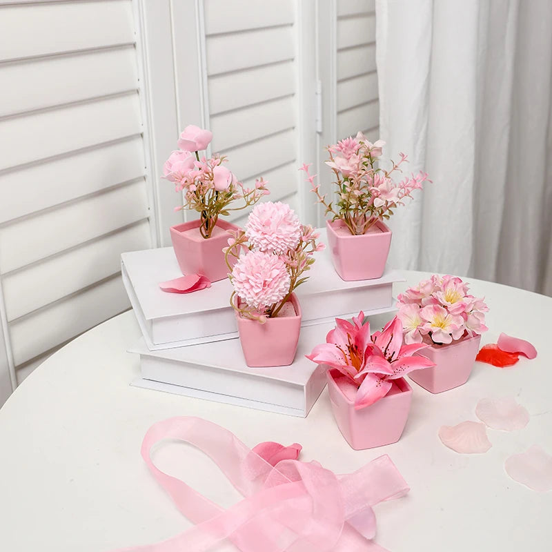 Mini Pink Artificial Flower Bonsai Set - Desktop Shelf Decor