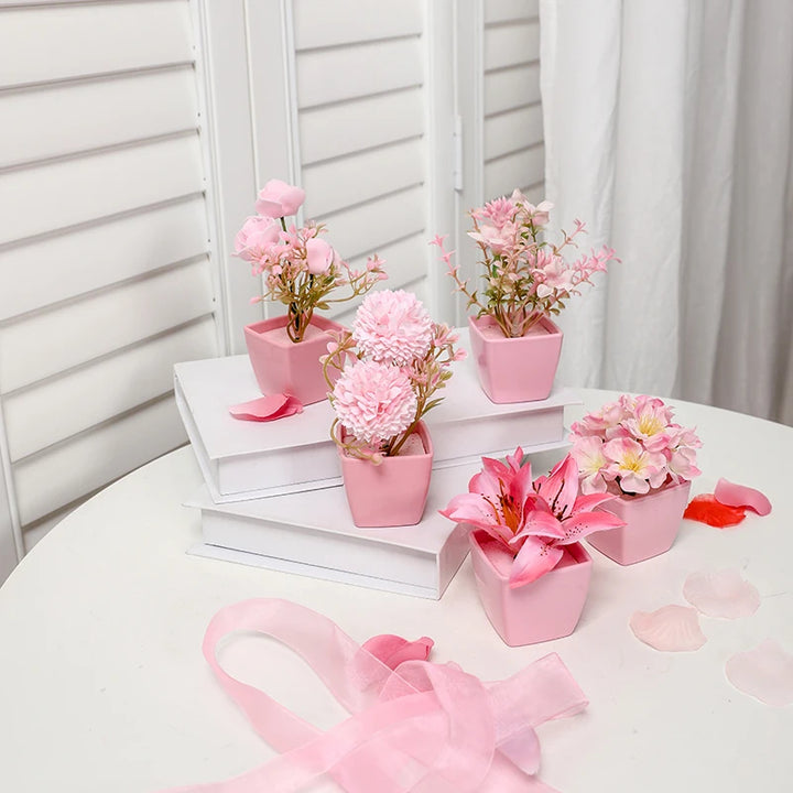 Mini Pink Artificial Flower Bonsai Set - Desktop Shelf Decor