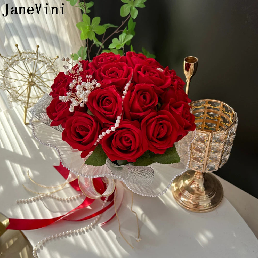 JaneVini Red Rose Pearl Bridal Bouquet - Elegant Artificial Wedding Flowers