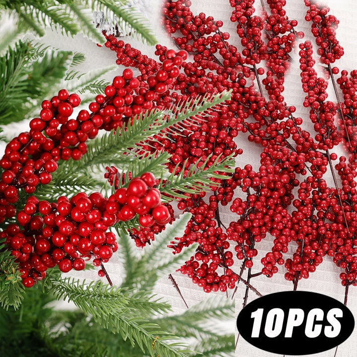 Artificial Red Berries Christmas Holly Berry Branches Xmas Tree Ornaments - Festive Home Decor & Party Accents