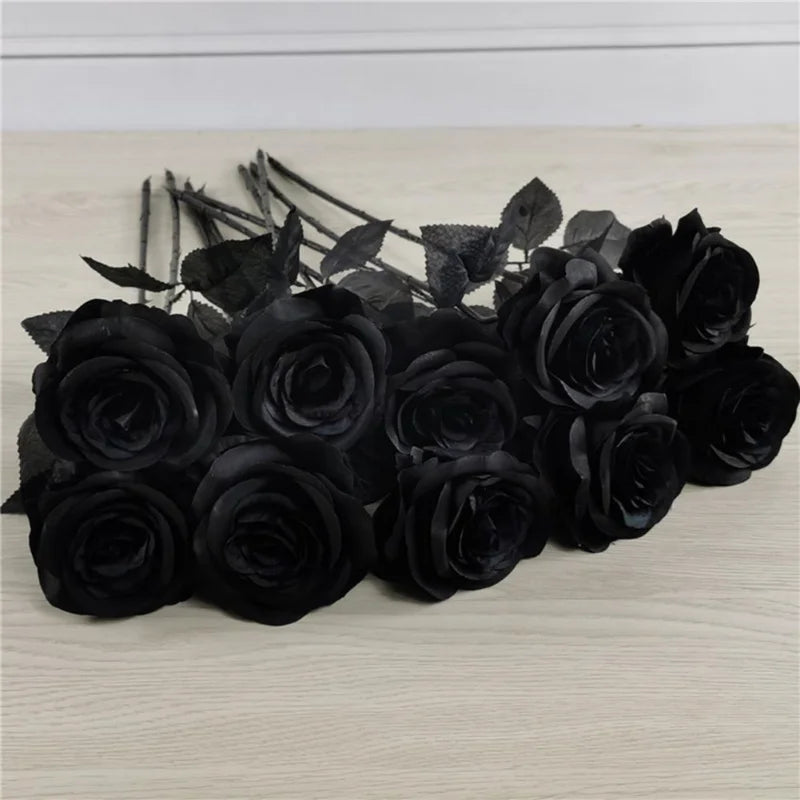 Silk Black Rose Artificial Flower Bouquet - Set of 5 with 8-9cm Flower Heads