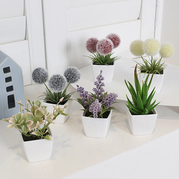 Mini Evergreen Artificial Plant Set - Set of 6 Small Potted Plants for Home Decor