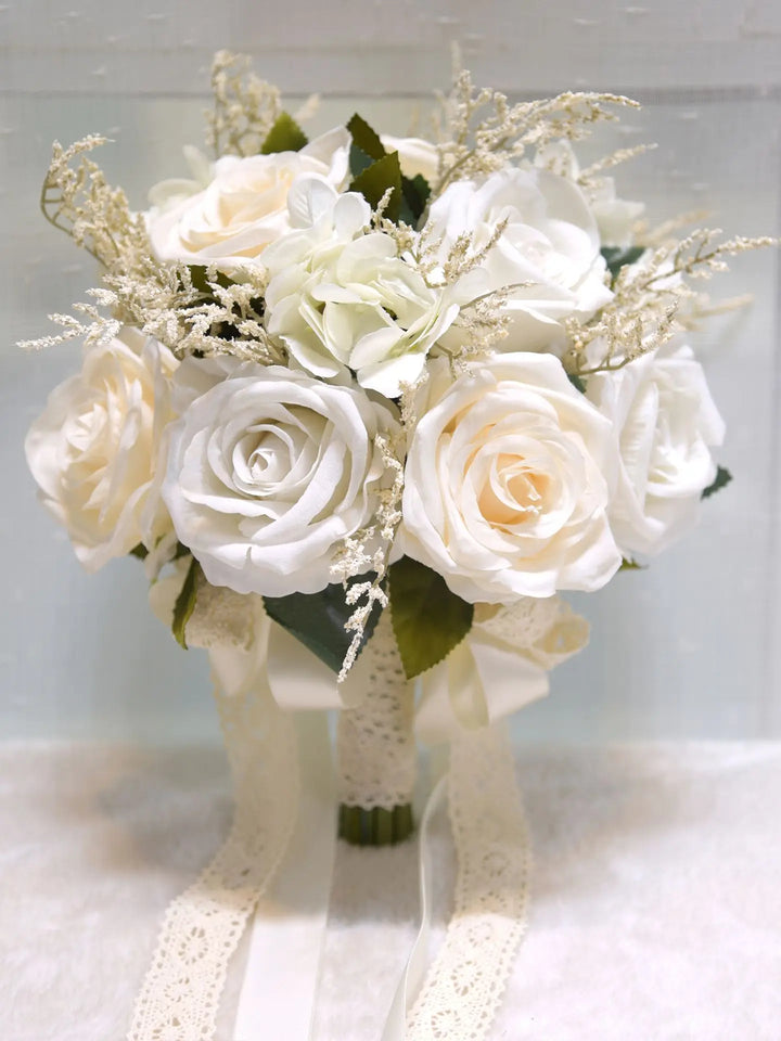 Elegant White Silk Bridal Bouquet with Artificial Roses - Wedding Accessories