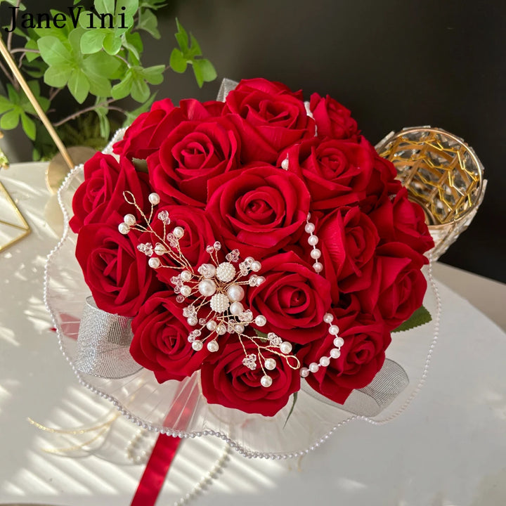 JaneVini Red Rose Pearl Bridal Bouquet - Elegant Artificial Wedding Flowers