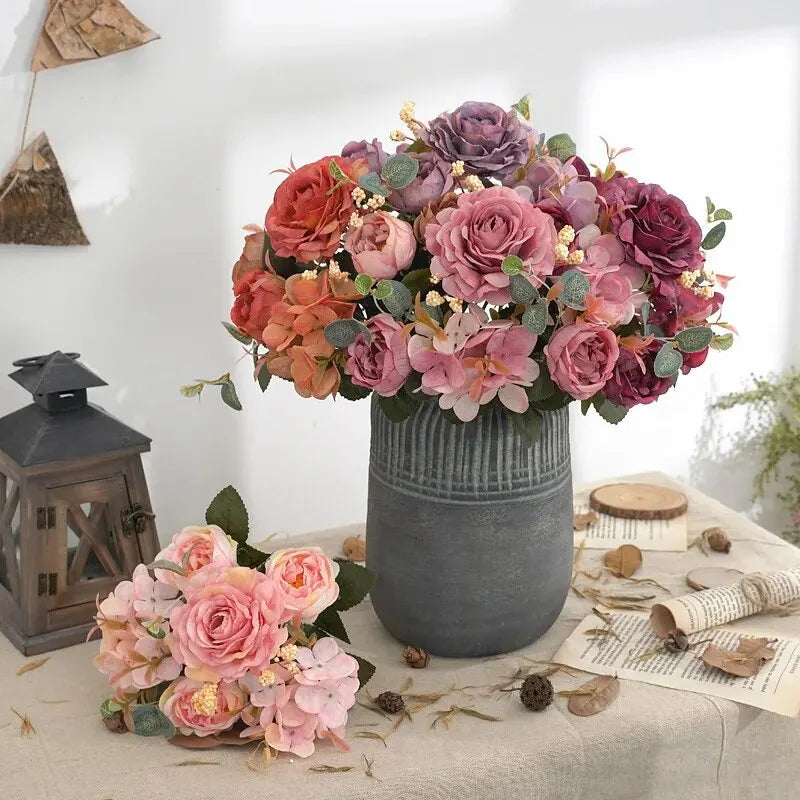 Retro Hydrangea and Peony Silk Flower Bouquet - Autumn Color