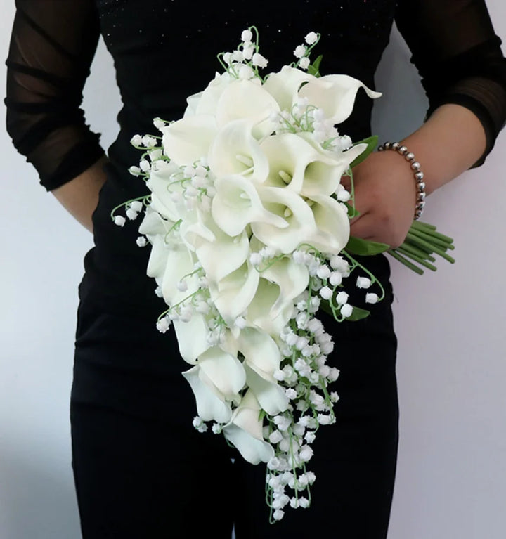 White Cascade Bridal Bouquet Fleur Mariage with Pearl Accents