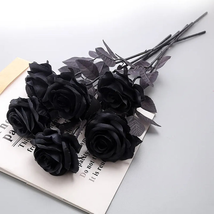 Black Silk Artificial Rose Flower Branch Set - Halloween Gothic Wedding Home Party Decor