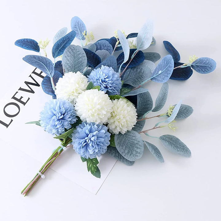 Blue and White Artificial Hydrangea Chrysanthemum Silk Flower Bouquet