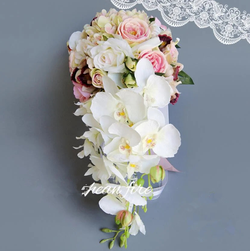 White Cascade Bridal Bouquet Fleur Mariage with Pearl Accents