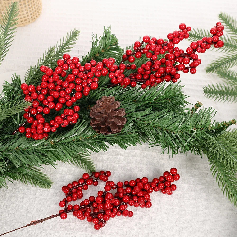 Artificial Red Berries Christmas Holly Berry Branches Xmas Tree Ornaments - Festive Home Decor & Party Accents